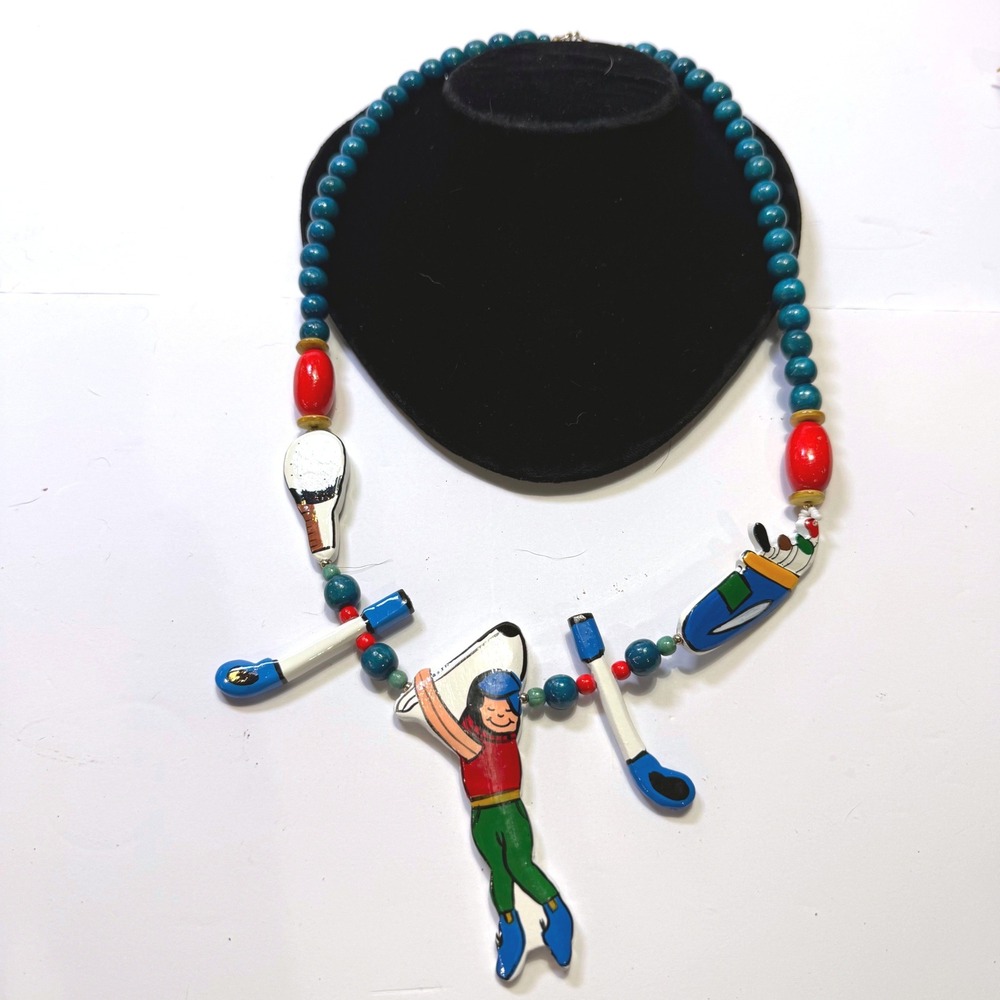 Vintage Hand Painted Wood Bead Golf Statement Necklace Golfer Clubs Bag Novelty